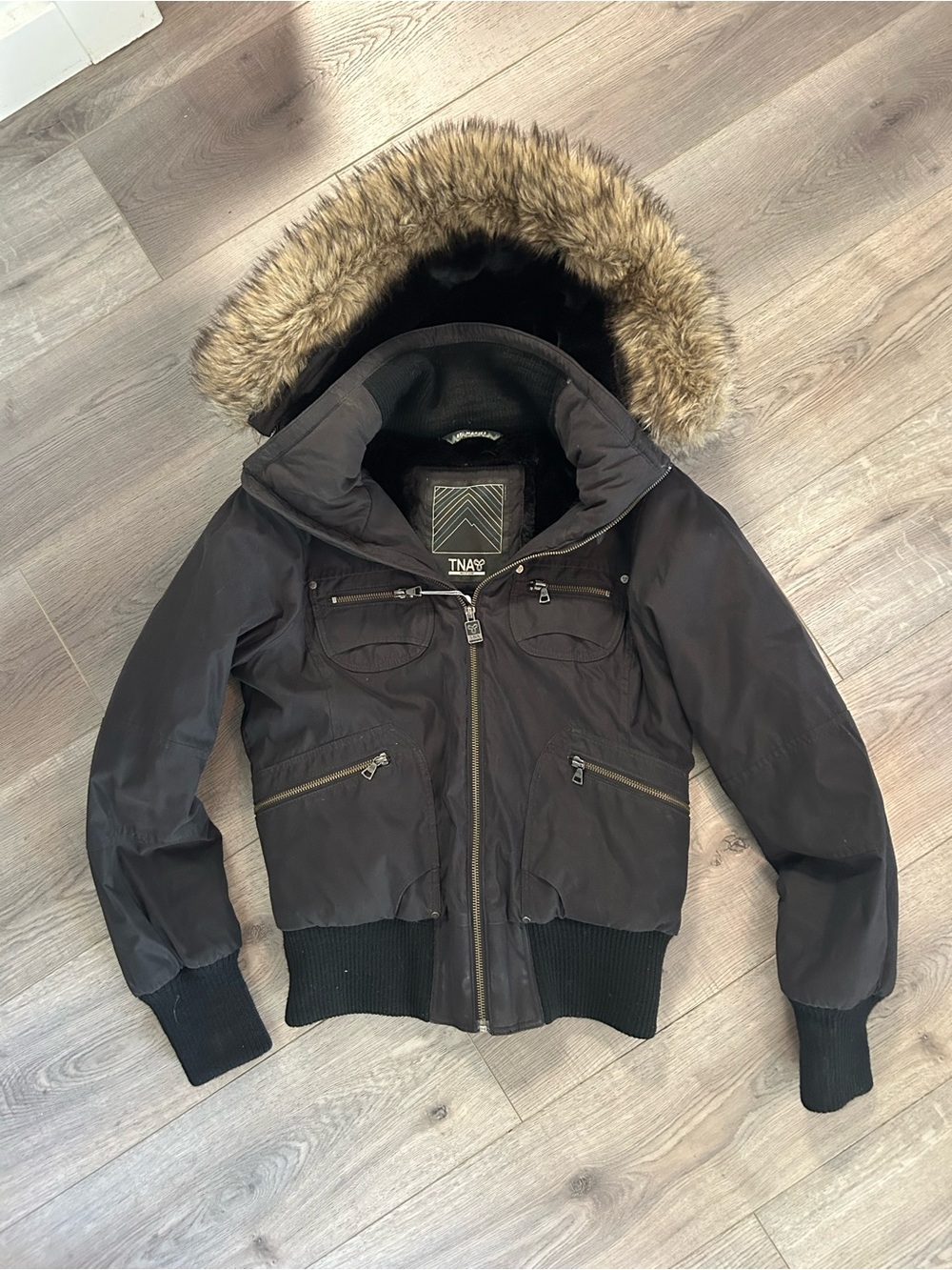 TNA Black Hooded Bomber Jacket with Faux-Fur Trim